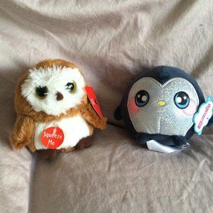Pair of Small Owl Plush Aurura makes Owl sounds and Squeezamal